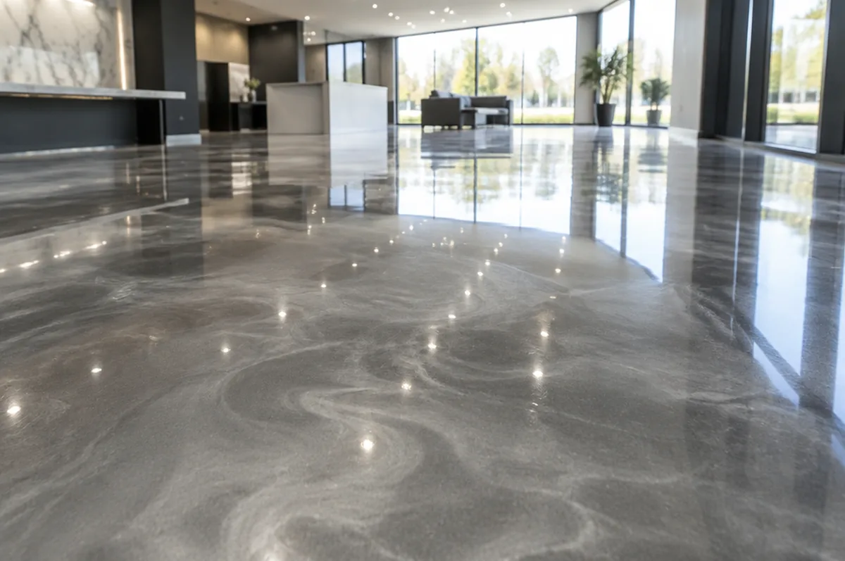 Glossy grey epoxy resin floor with a soft metallic swirl reflecting showroom lights