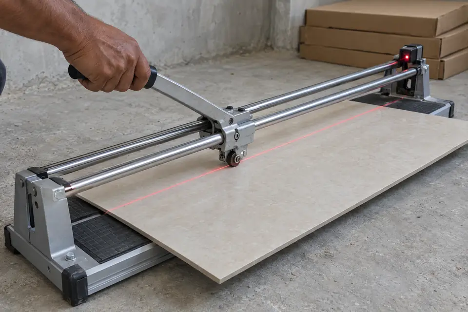 Manual tile cutter with a red laser line marking the cut across a large beige tile, the scoring wheel sitting on the line