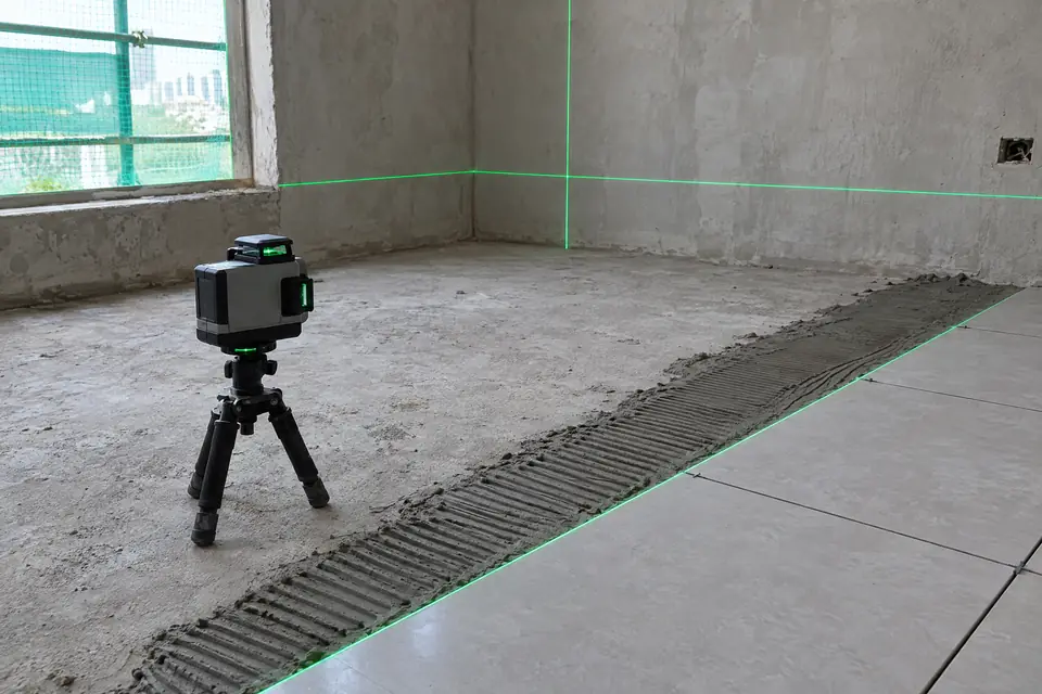 Laser level on a small tripod projecting green lines onto the walls and along the edge of a row of newly laid floor tiles