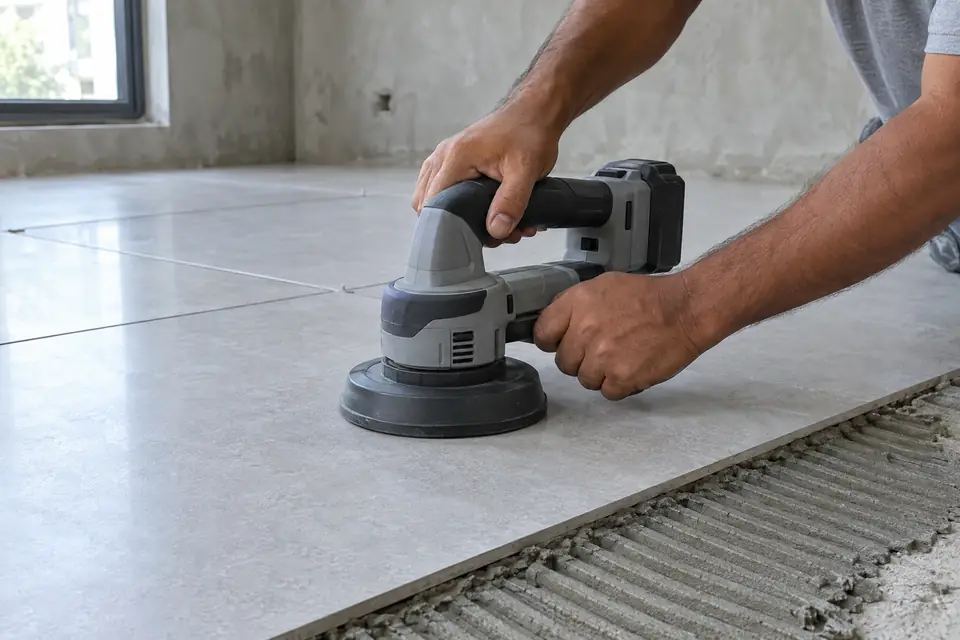 Hands pressing a handheld tile vibrator onto a large grey floor tile laid on a bed of notched adhesive