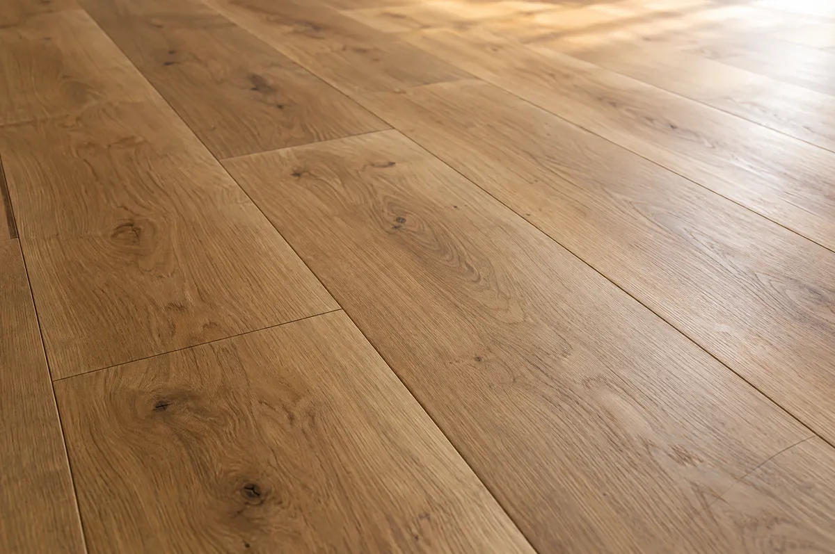 Close-up of engineered oak plank flooring with natural grain